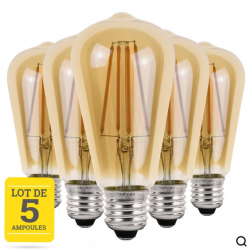 Lot de 5 ampoules LED conique à filaments E27 4W blanc neutre - Verre ambré - variable