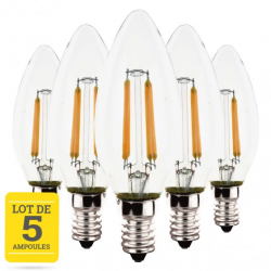 Lot de 5 ampoules LED flamme à filaments E14 4W blanc chaud - Verre transparent - variable