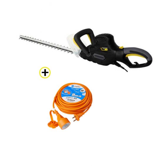 Pack Taille-haie Électrique 600W 610mm + Rallonge de Jardin 20 m Câble Orange 2G 1,5mm2 Avec Clapet de Protection