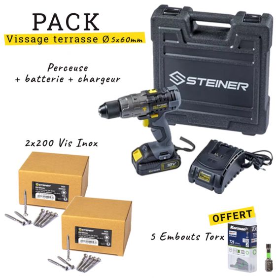 Pack Perceuse sans Fil 18V + 2 boîtes 200 Vis Inox 5x60mm + 5 Embouts Torx T25 25mm