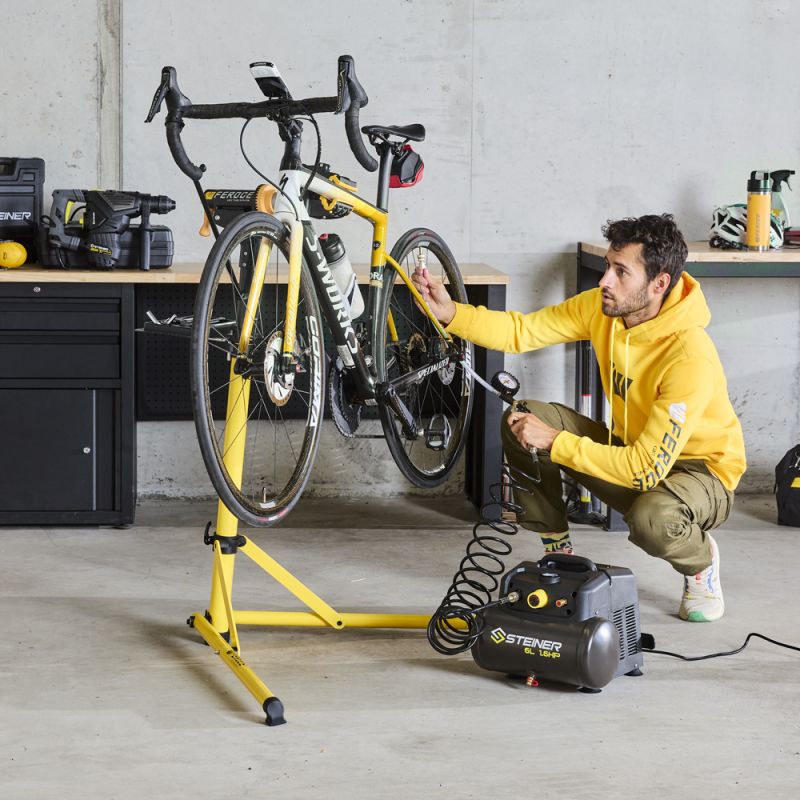 Pack Compresseur portable 6L avec kit pneumatique + Pied d'atelier pliable  pour vélo