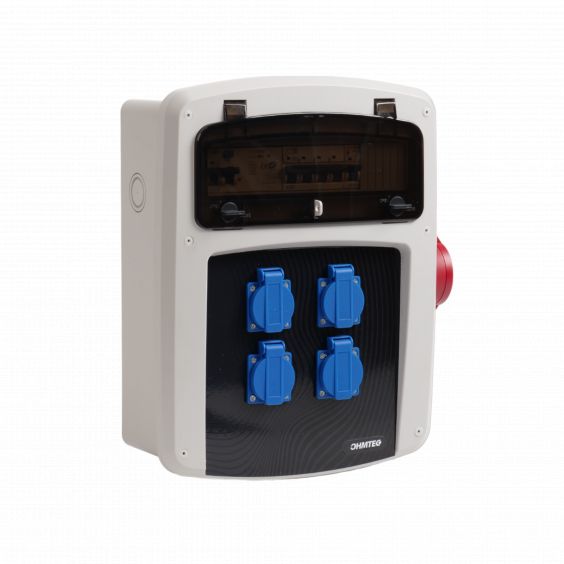 Coffret de chantier avec 4 prises monophasées + 1 Prise Tétrapolaire 32A OHMTEC