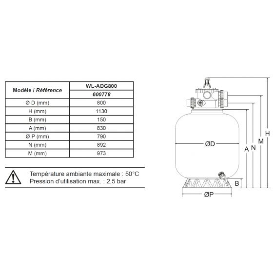 Filtre à sable Ø800mm 25m³/h vanne 2" Top 6 voies STEINER