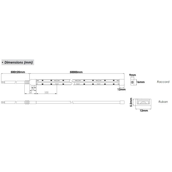 Ruban Led COB 50M 12W/M 230V IP65 12mm 3000K