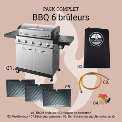 Pack complet BBQ gaz 6 brûleurs triple grille ou triple plancha ROSTER + housse + détendeur + flexible
