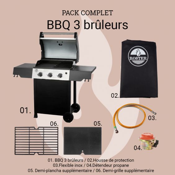 Pack complet BBQ à gaz 3 feux ROSTER