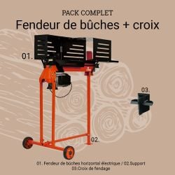 Pack Fendeur de Bûches Electrique 6T 2200W + Support pour Fendeur + Croix de Fendage