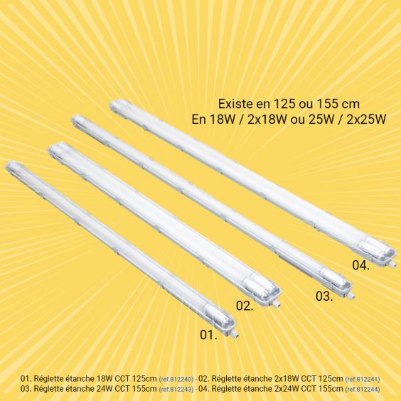 Réglette étanche à tube LED 18W CCT 125cm IP65 WOLTZ