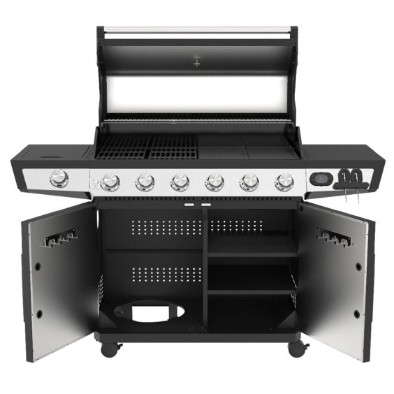 Barbecue gaz ROSTER 7 brûleurs dont 1 latéral avec planchas et grilles de cuisson combinées