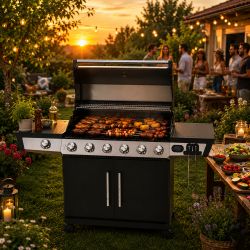 Barbecue gaz ROSTER 7 brûleurs dont 1 latéral avec planchas et grilles de cuisson combinées