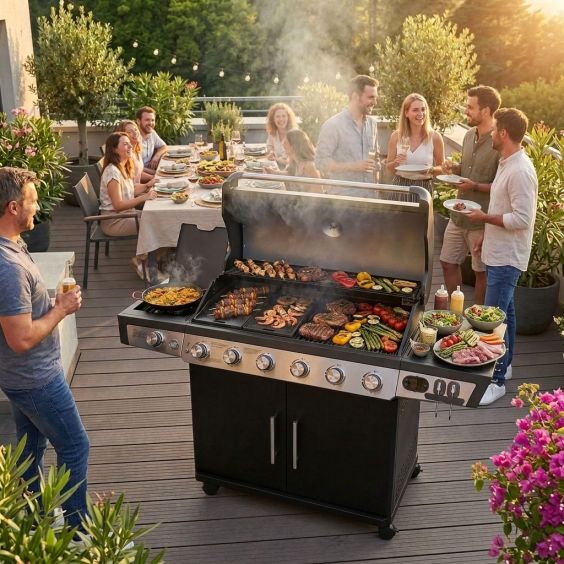 Barbecue gaz 7 brûleurs dont 1 latéral avec planchas et grilles de cuisson combinées ROSTER 